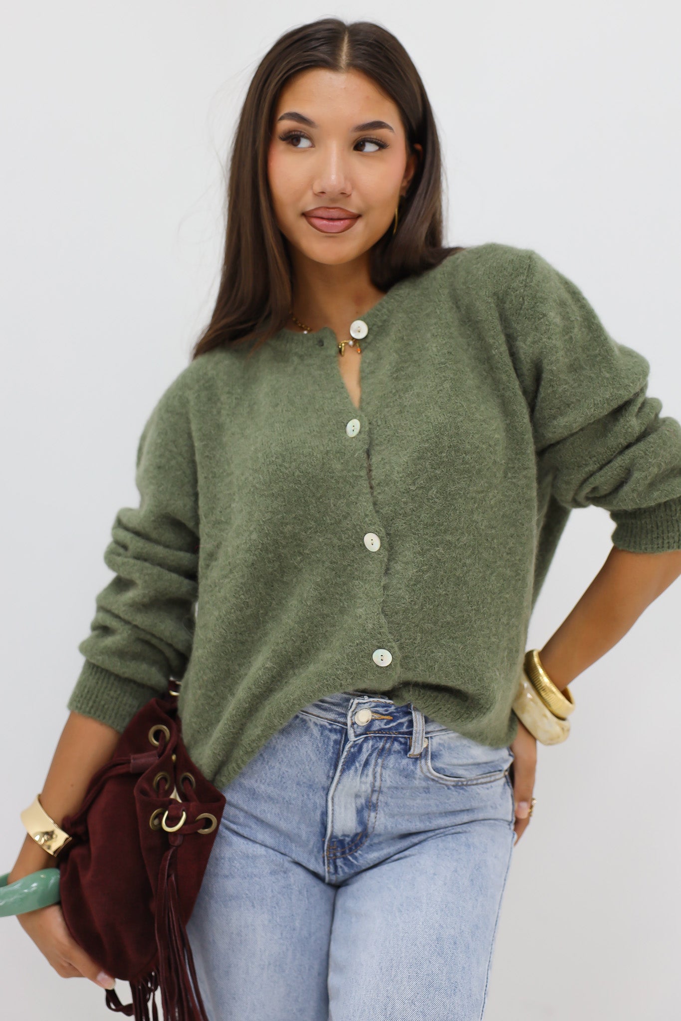 Mohair Cardiagan Lange Mouwen Donker Groen