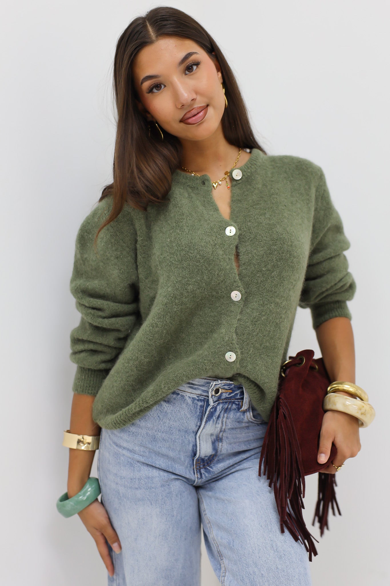 Mohair Cardiagan Lange Mouwen Donker Groen