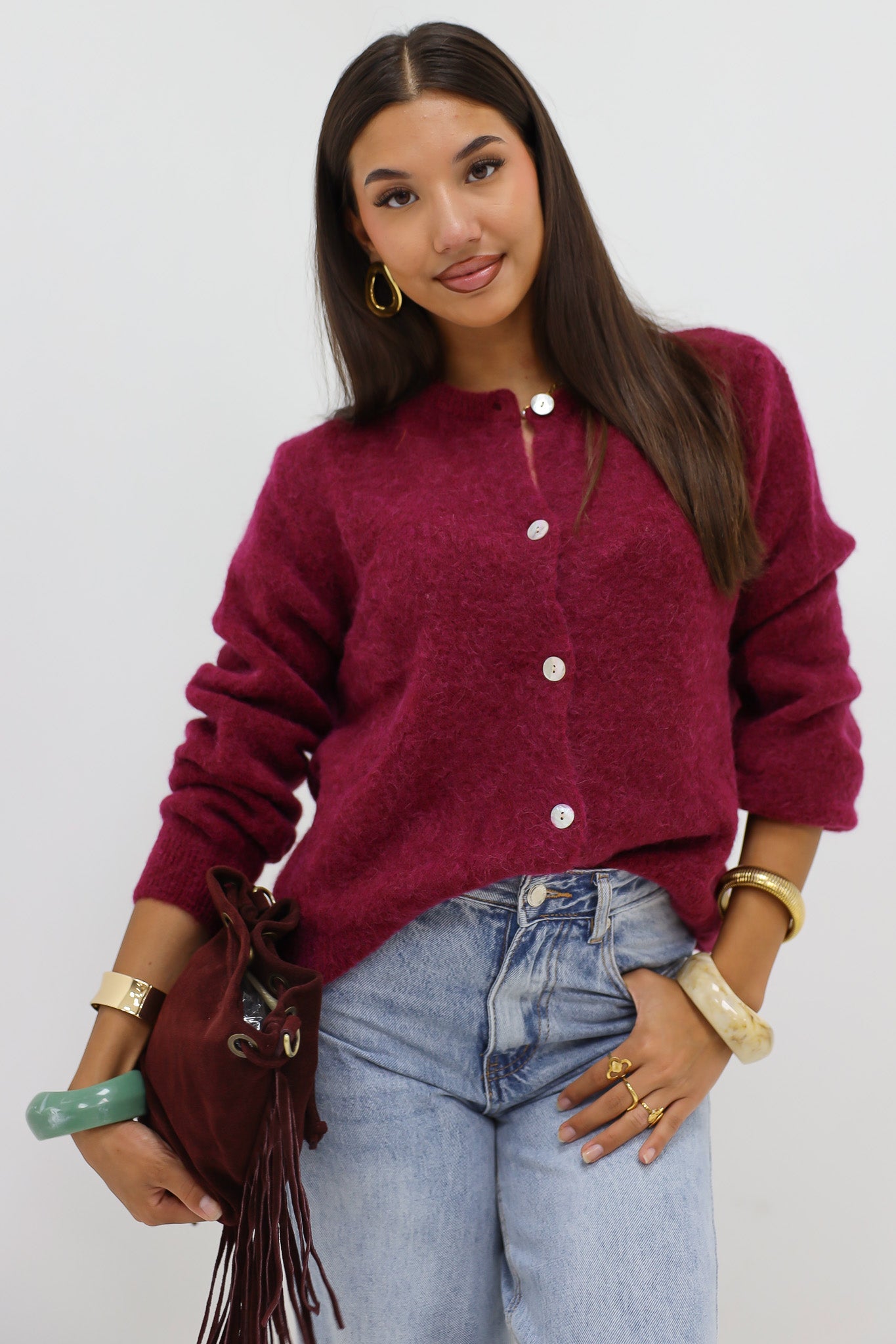 Mohair Cardiagan Lange Mouwen Donker Bordeaux