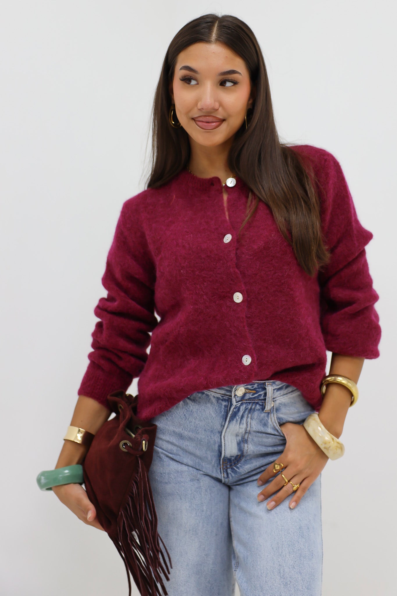 Mohair Cardiagan Lange Mouwen Donker Bordeaux