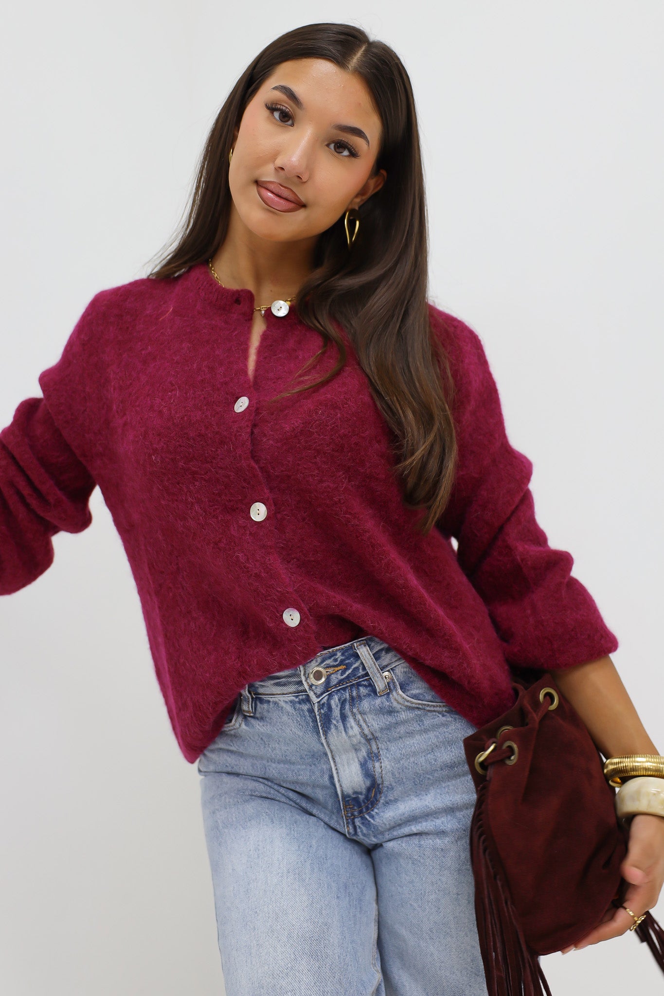 Mohair Cardiagan Lange Mouwen Donker Bordeaux