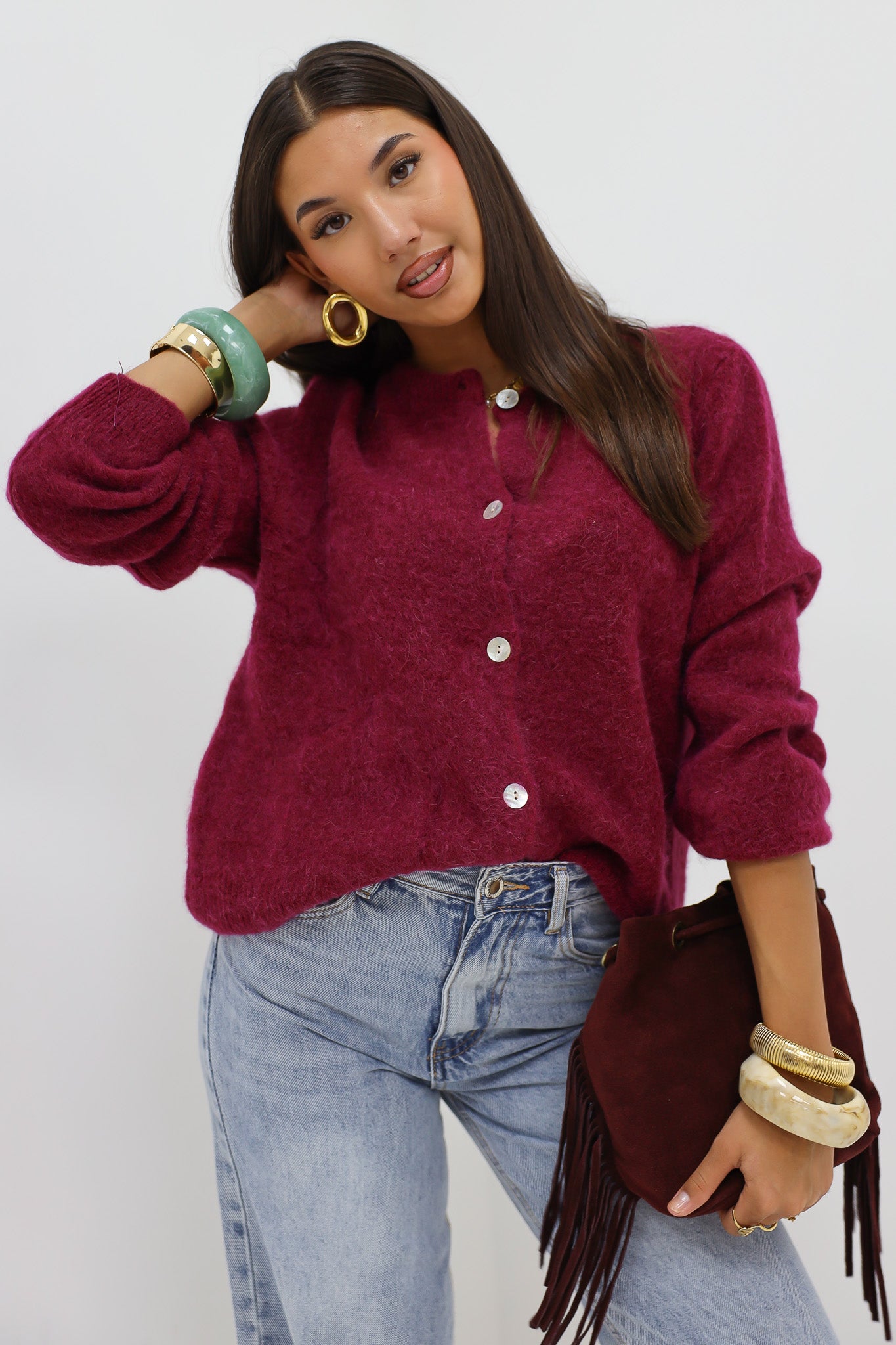 Mohair Cardiagan Lange Mouwen Donker Bordeaux