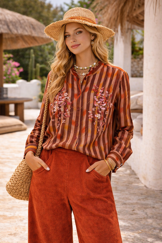 Blouse Geborduurde Pailletten Bruin