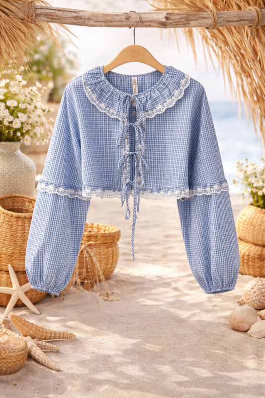 Korte Blouse Blauw Grote Kraag