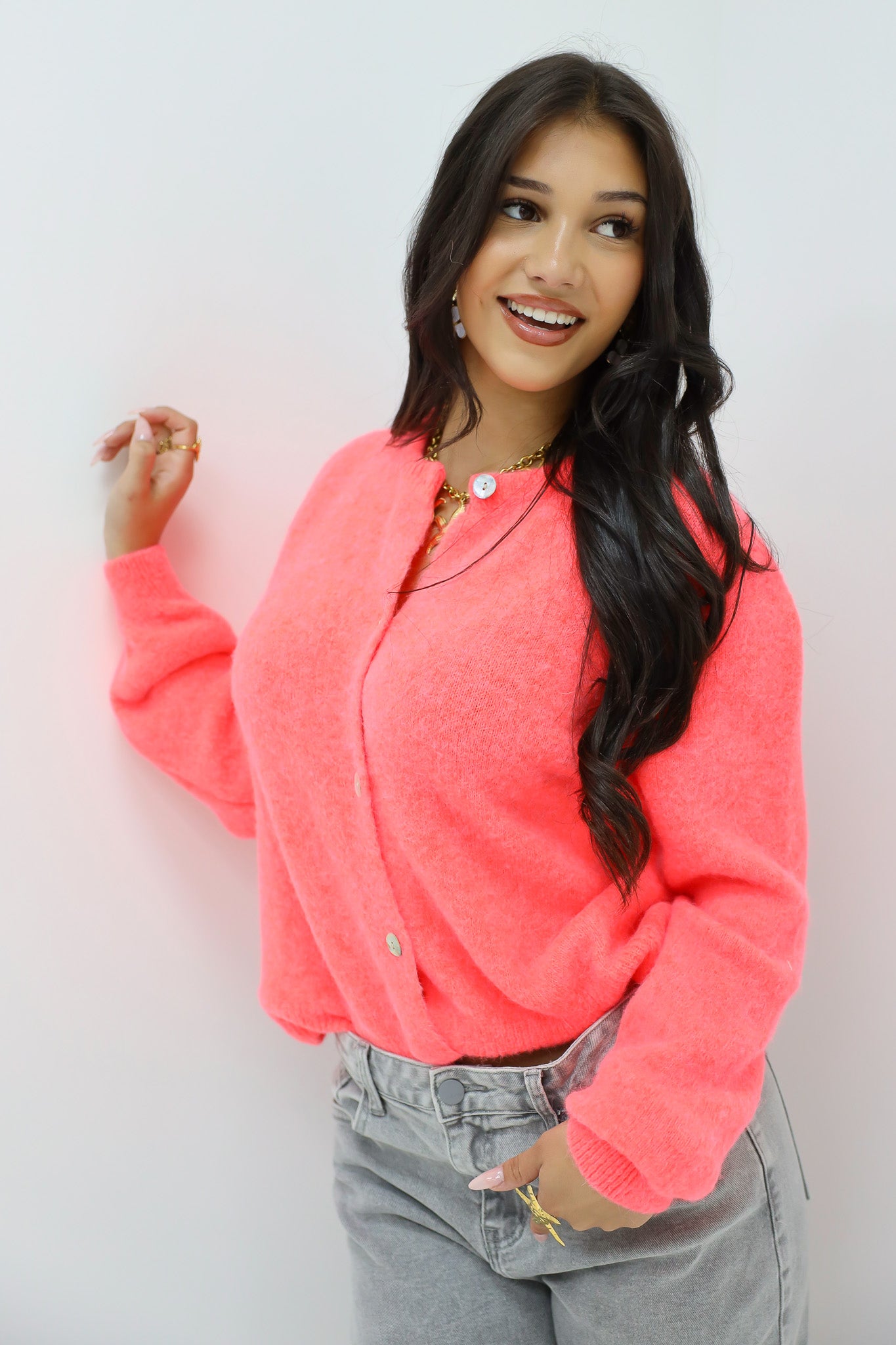 Mohair Cardiagan Lange Mouwen Koraal Roze
