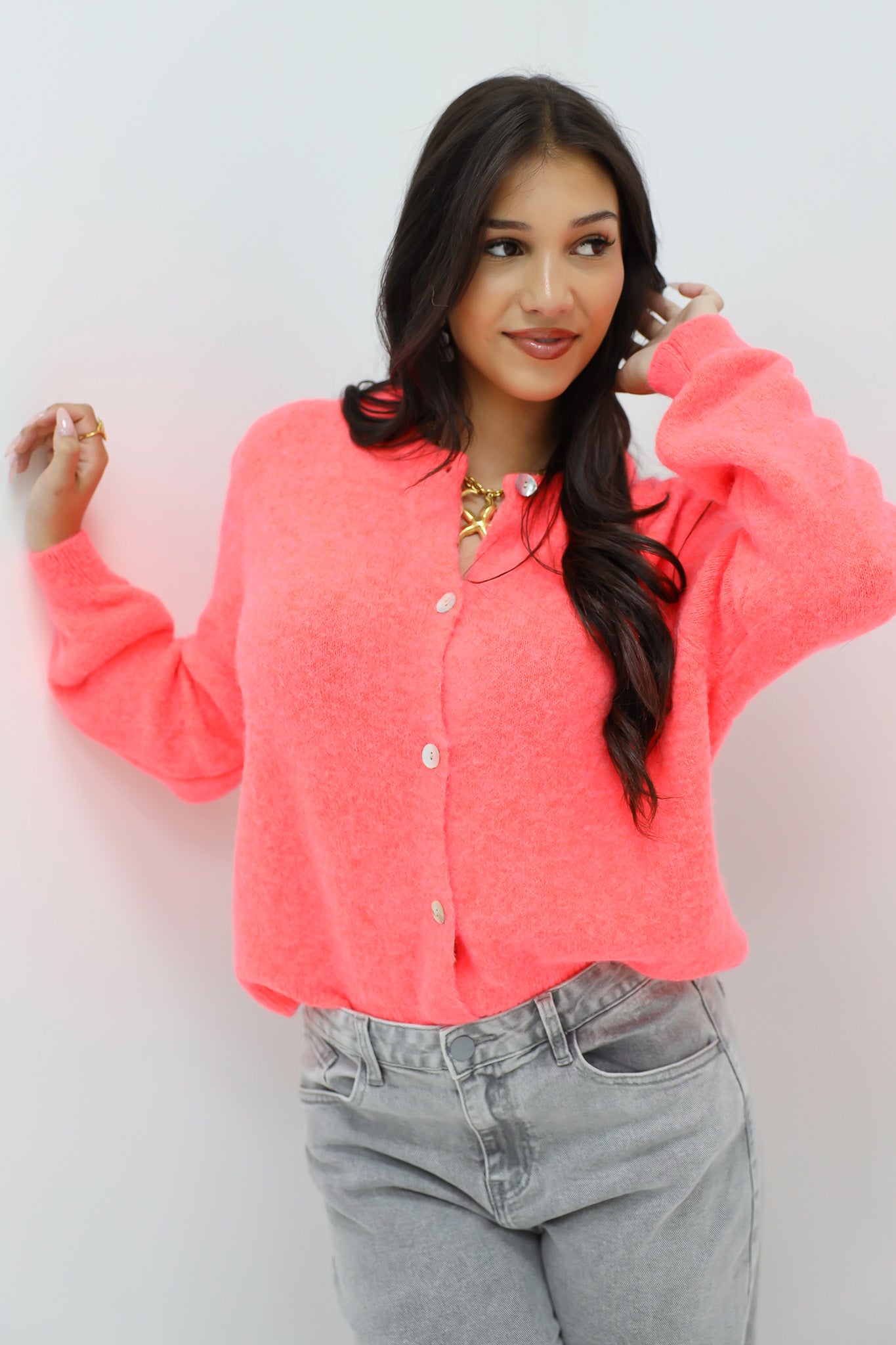 Mohair Cardiagan Lange Mouwen Koraal Roze