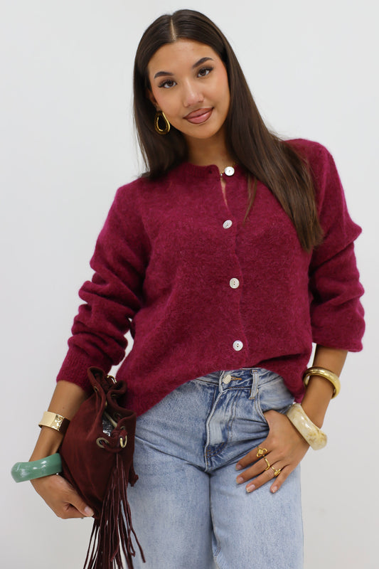 Mohair Cardiagan Lange Mouwen Donker Bordeaux