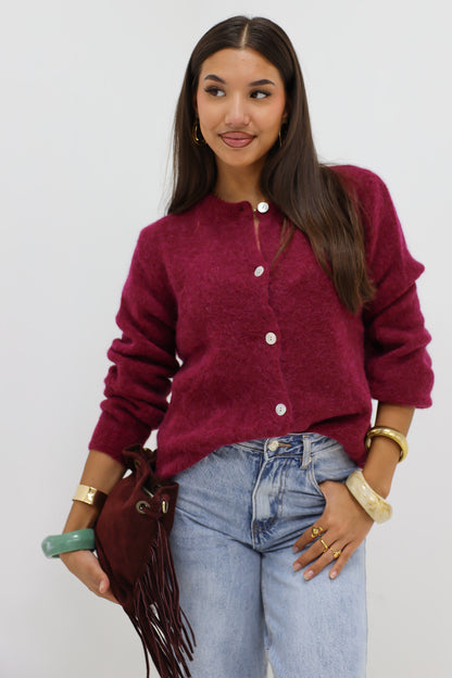 Mohair Cardiagan Lange Mouwen Donker Bordeaux