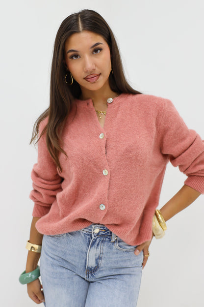 Mohair Cardiagan Lange Mouwen Oud Roze