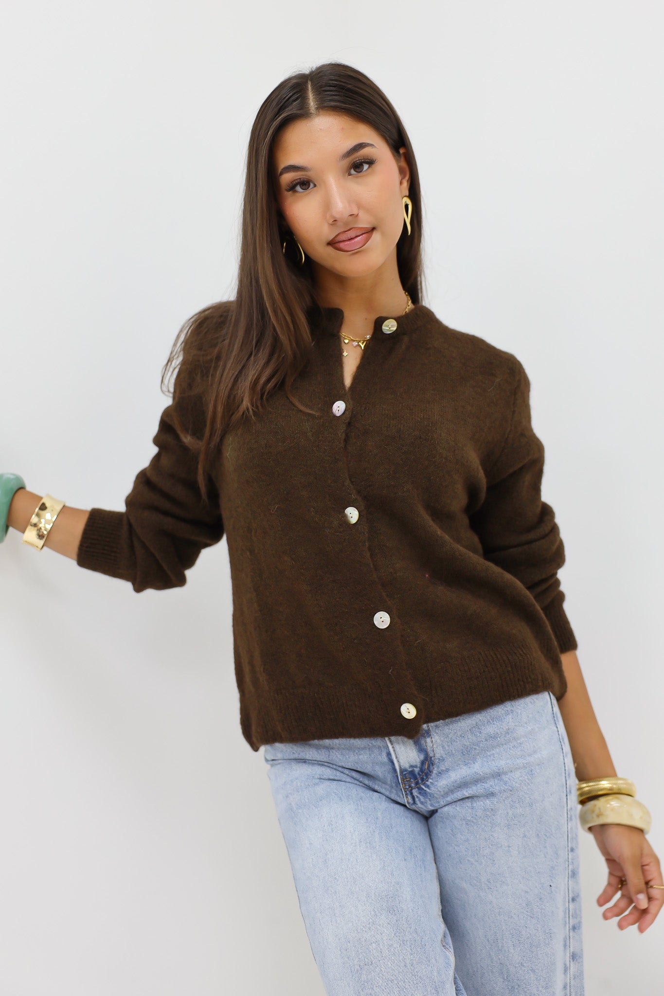 Mohair Cardiagan Lange Mouwen Bruin