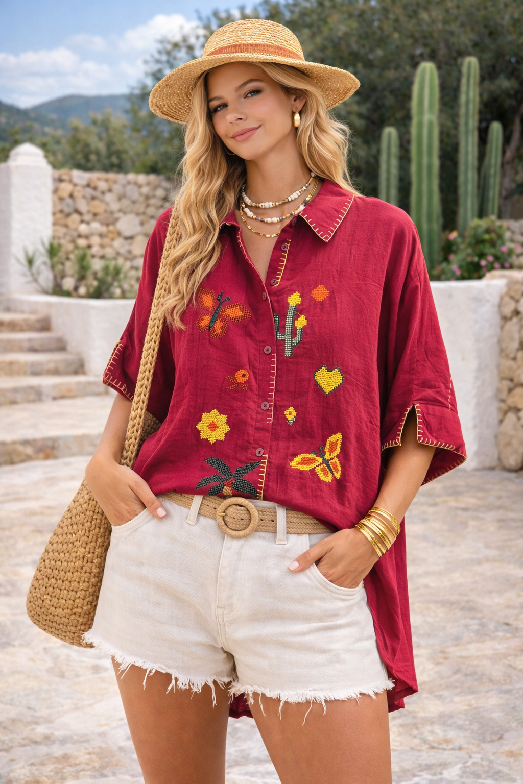 Mousseline Blouse Borduursel Bordeaux