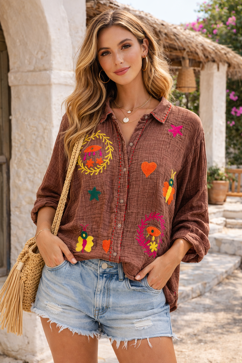 Mousseline Blouse Borduursels Bruin