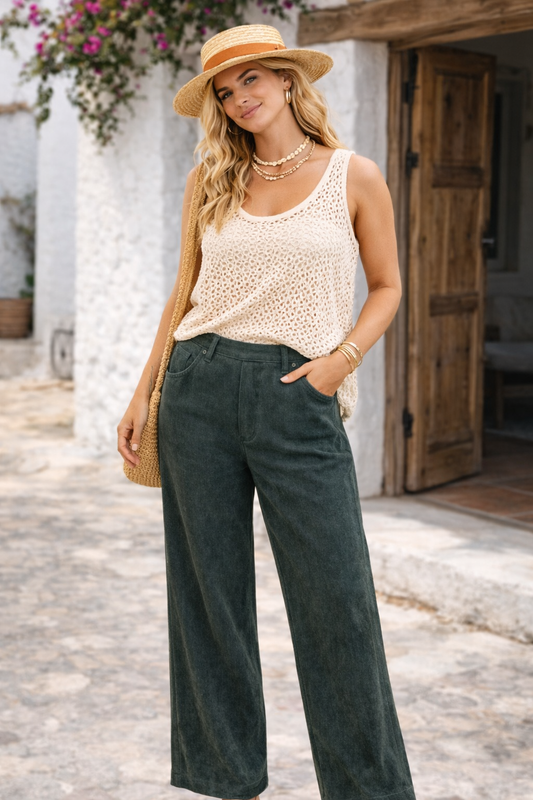 Pantalon Fijne Rib Steekzakken Groen