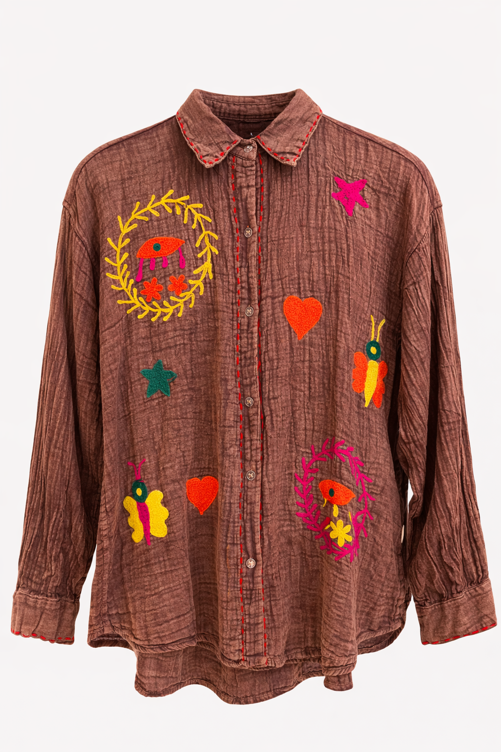 Mousseline Blouse Borduursels Bruin