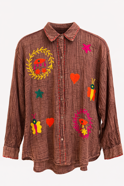 Mousseline Blouse Borduursels Bruin