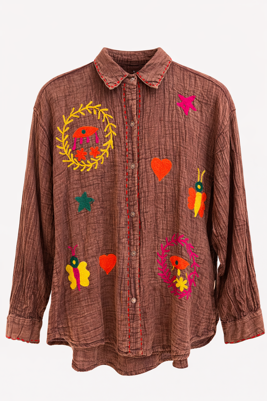 Mousseline Blouse Borduursels Bruin