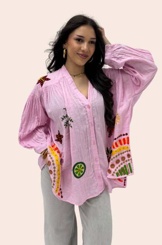 Blouse met Kralen en Borduursels Roze