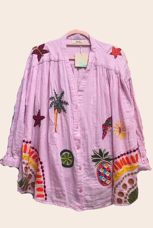 Blouse met Kralen en Borduursels Roze